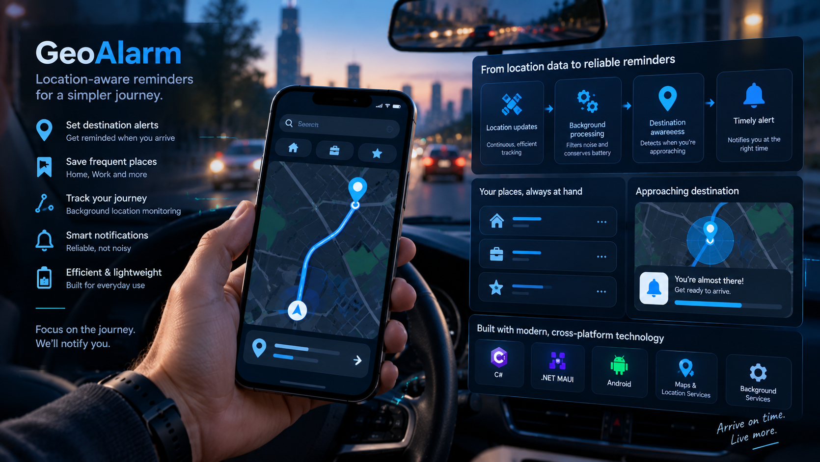 Concept artwork of a phone, map route, and destination marker