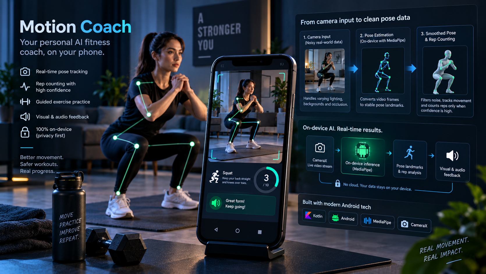 Concept artwork of a luminous pose avatar and smartphone