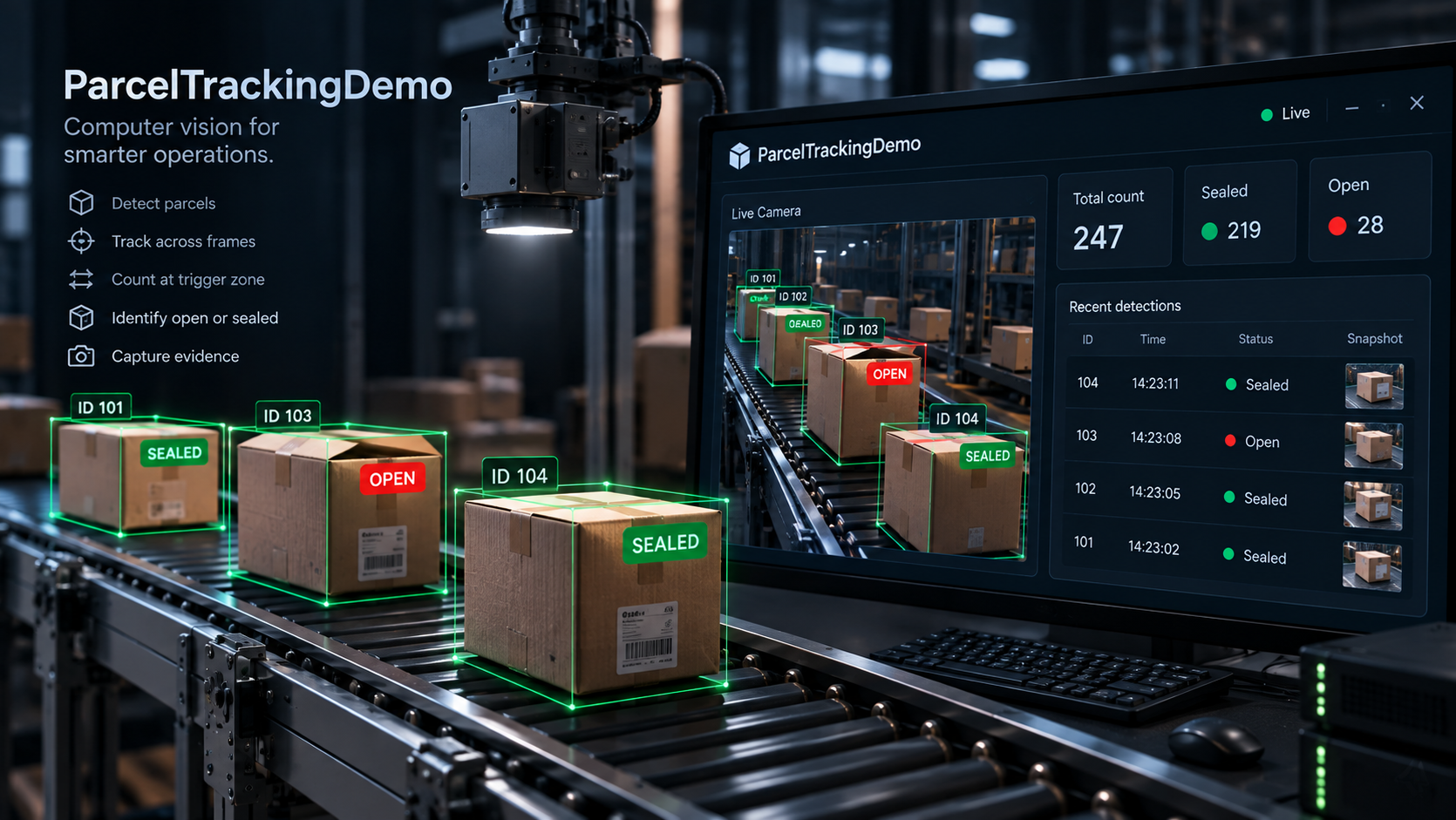 Concept artwork of parcels on a conveyor with subtle detection outlines and an edge camera