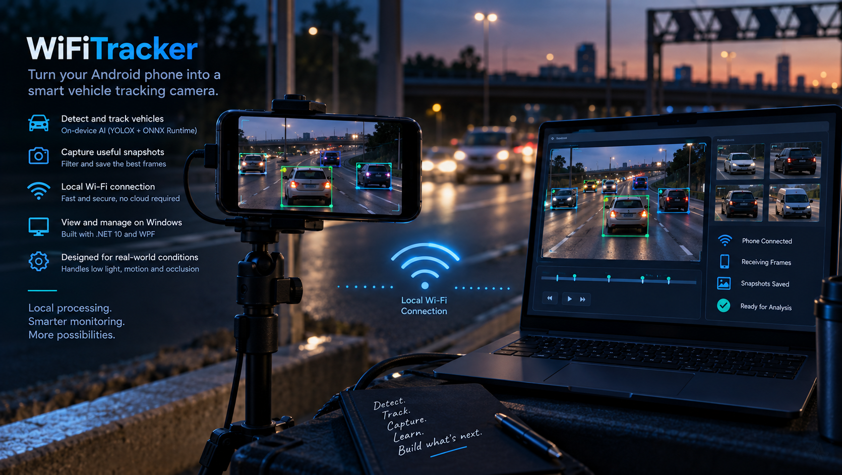 Concept artwork of a phone tracking a vehicle and a connected desktop viewer